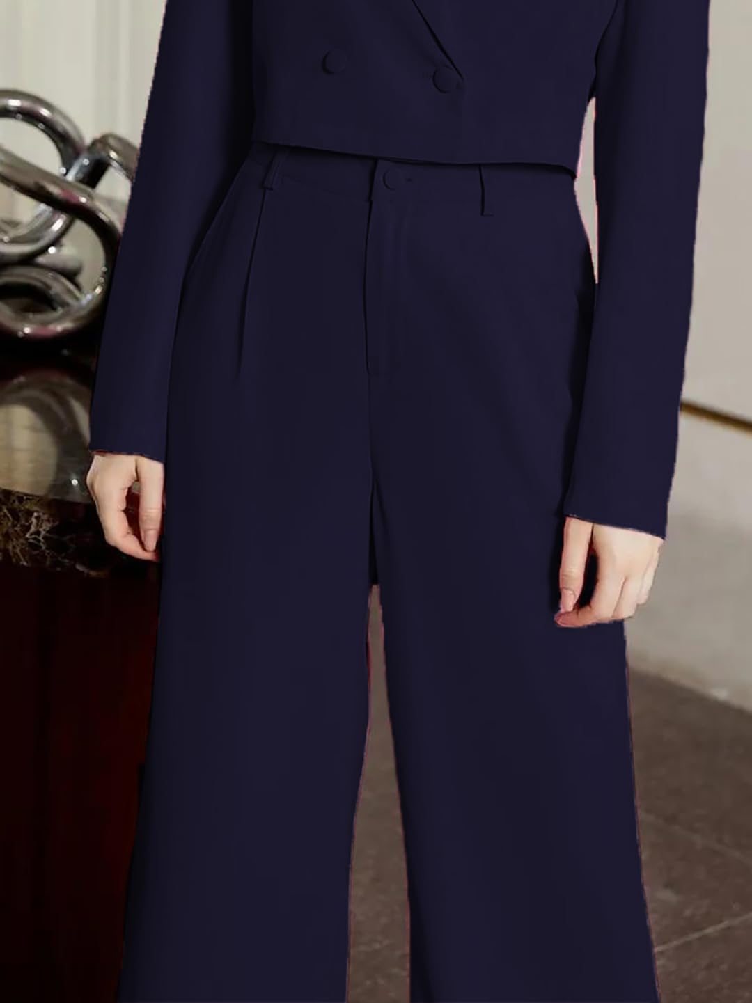 Kotty Womens High Rise Regular Fit Viscose Rayon Solid Trousers Navy Blue