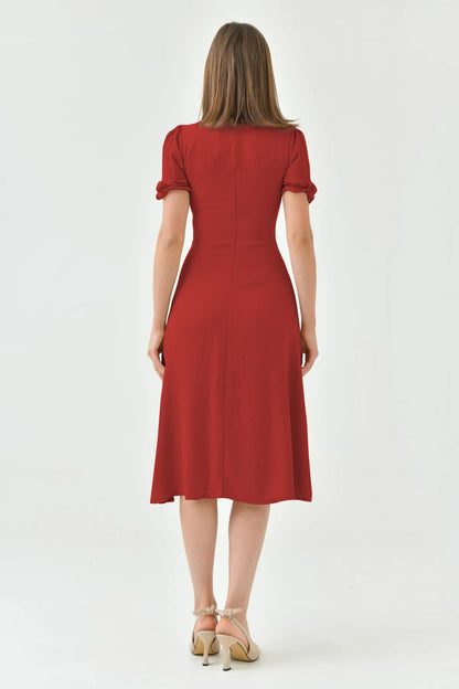 Shasmi Girls & Womens Solid Red Midi Dress  Elegant Square Neck Button-Down Dress with Puff Short Sleeves | Stylish Casual & P