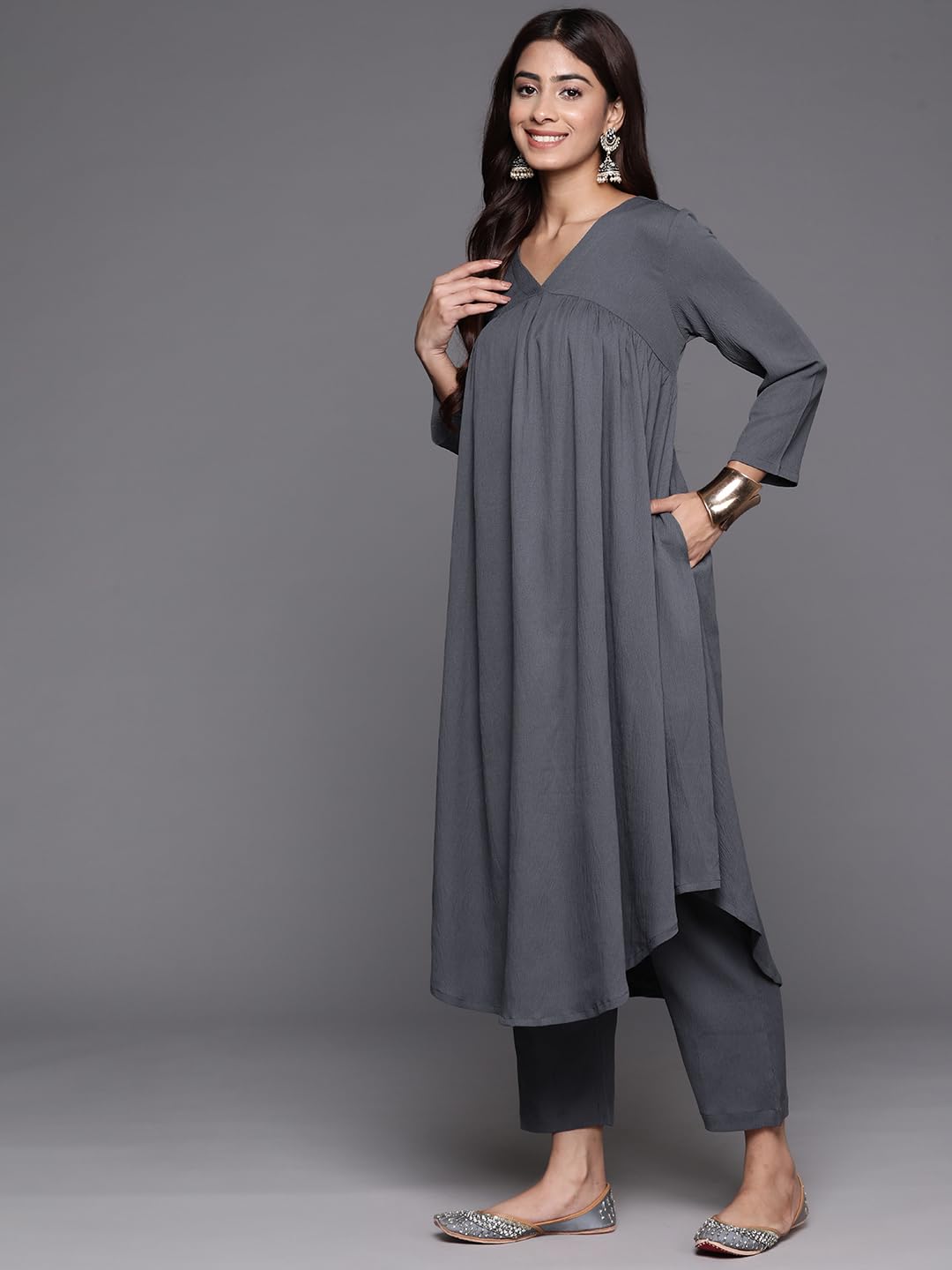 Varanga Women Plus Size Grey Empire Gathered Details A-Line Kurta Paired With Tonal Bottom