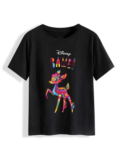 Juneberry Black Tshirt For Women, Official Disney Animal Printed Black T Shirt For Women, Casual Half Sleeves Cotton Black T-Shi