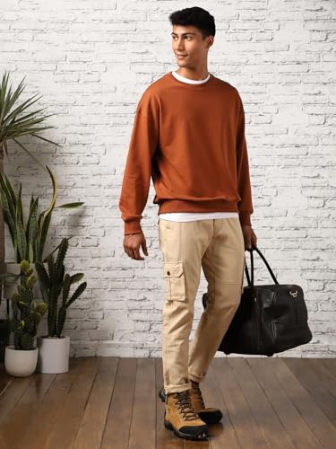 Nobero MenS Cotton Blend Crew Neck Sweatshirt (1M-Twss-R0005_Mocha Bisque