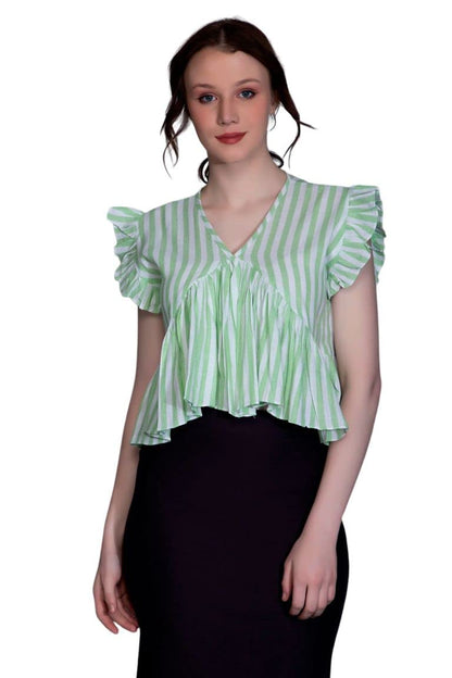 Leriya Fashion WomenS Western Crop Tops | Fancy Stripped With Ruffle Sleeves | Button Down Lightweight Cotton For Girls | Suita