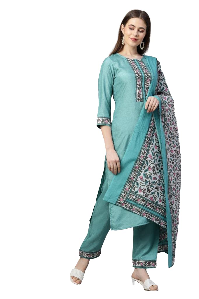 Anni Designer WomenS Silk Blend Straight Kurta With Pant & Dupatta (Deal-Sea-Green_M_Green_Medium)
