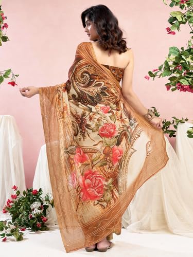 Satrani WomenS Chanderi Sequin Embroidery Work & Floral Printed Ready To Wear One Minute Pre Pleated Saree With Unstitched Blou