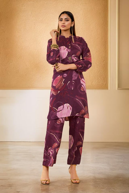 Soch Womens Wine Muslin Abstract Printed Co-Ord Set With Cutdana