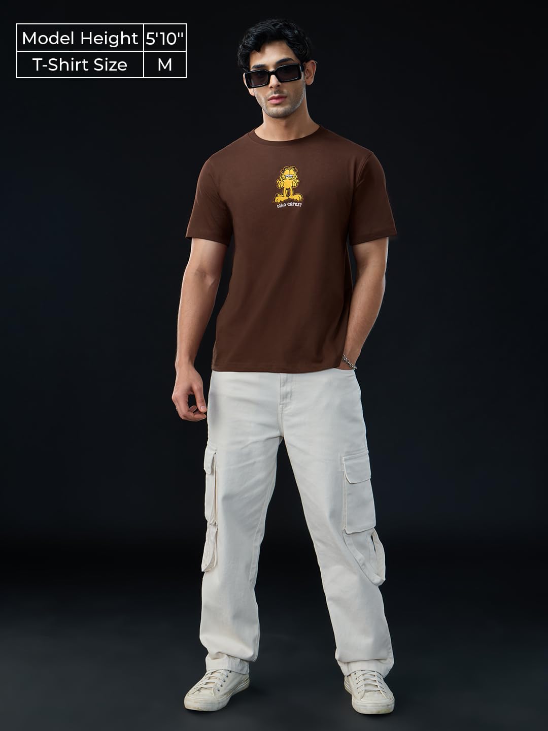 The Souled Store Garfield: Who Cares Men and Boys Short Sleeves Round Neck Brown Embroidered Regular Fit Lightweight Everyday Ca