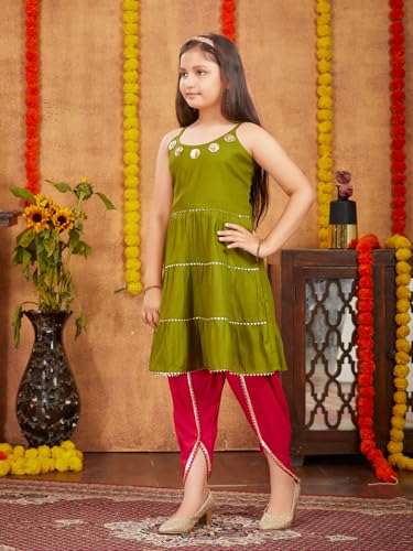 Aarika Girls Ethnic Wear Mehendi Colour Sequins With Gota Lace Work Rayon Dhoti Kurta Set (5-11 Years)