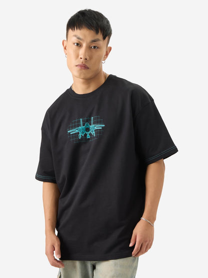 The Souled Store Official Top Gun: Blueprint Men and Boys Short Sleeve Round Neck Black Graphic Printed Cotton Oversized T-Shirt