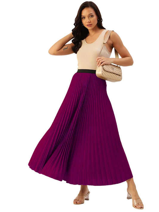 Kzully | Women Accordian Pleat Maxi Flared Skirt Purple