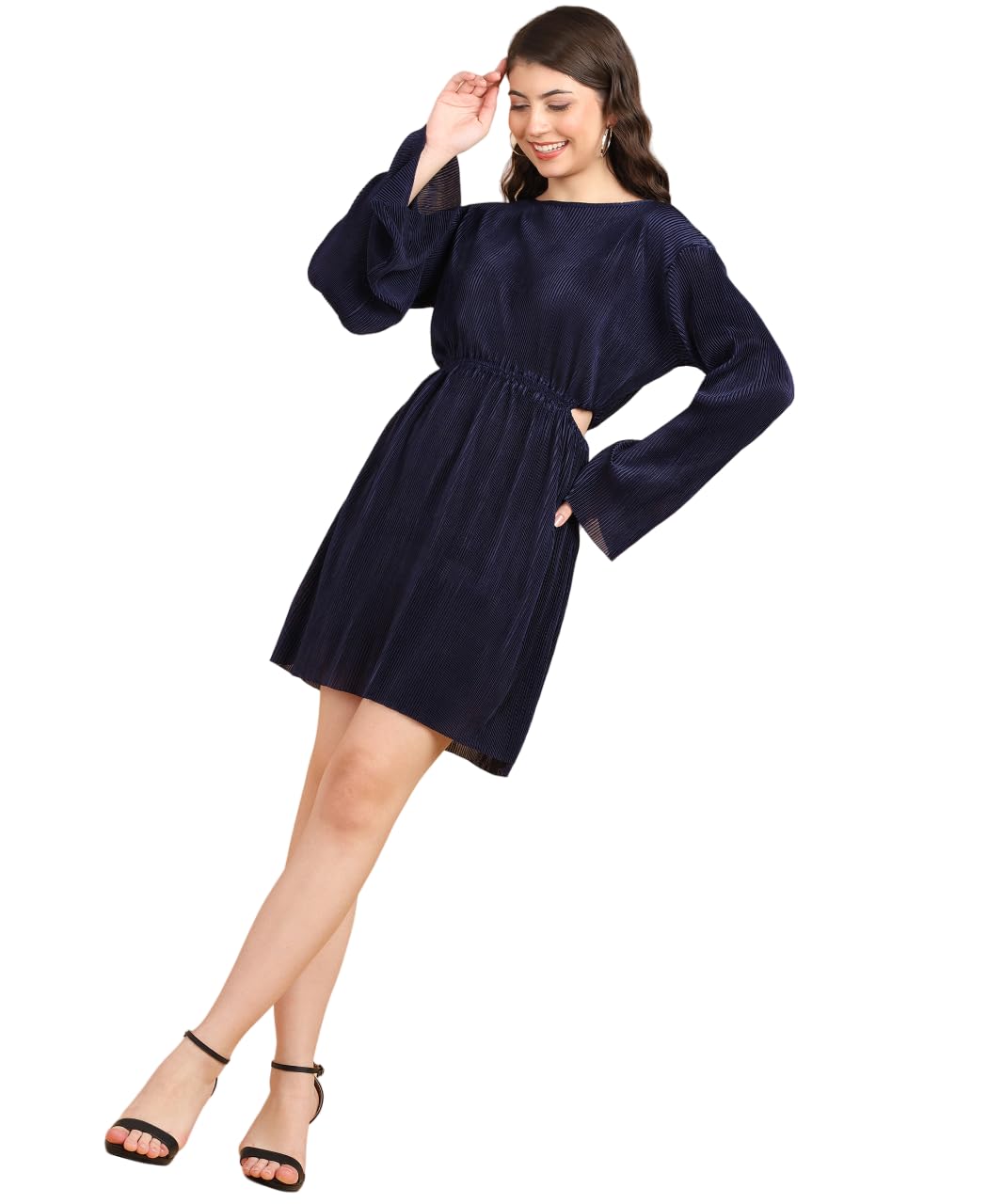 Popwings Casual Wrinkle Cutout Mini Dress For Women | Women Round Neck Dress | Women Knee Length Dress | Full Sleeve Dress For W