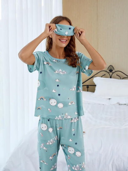 SMOWKLY Womens Cartoon Print Pyjama Set  Round Neck Short Sleeve Top & Pajama | Soft Cotton Blend Night Suit, Nightwear & Lounge