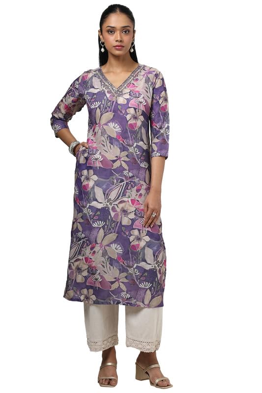 Soch Womens Purple Muslin Floral Print Kurta With Mirror & Cutdana