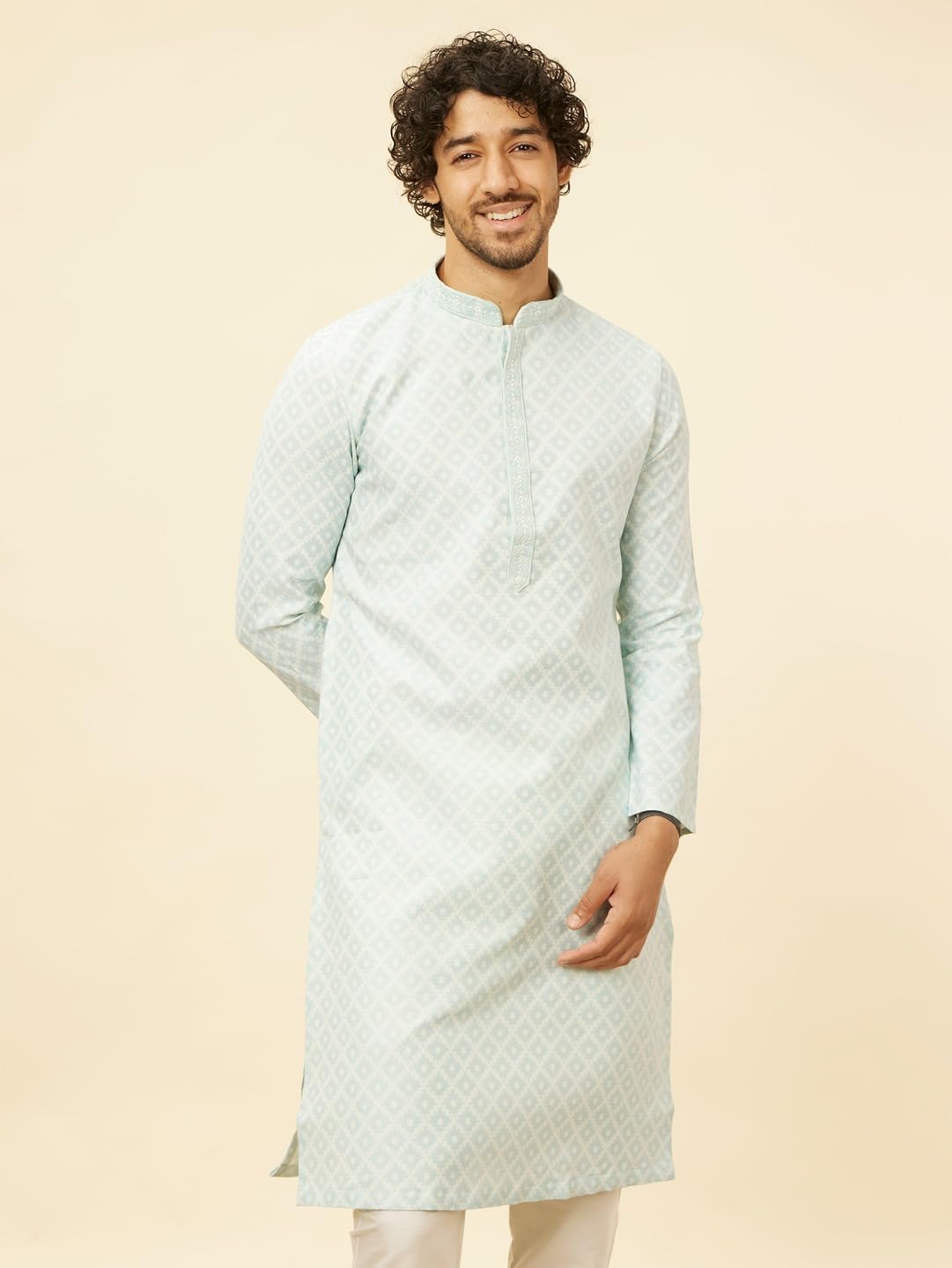 Manyavar Mens Blue Art Silk Self Design Kurta Pyjama Set