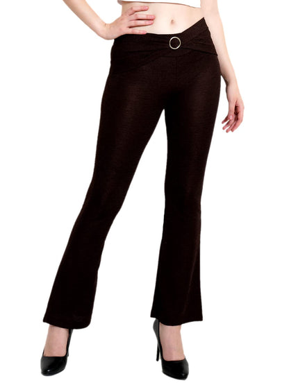 POPWINGS Solid Full-Length Polyester Regular-Fit Casual Bootcut Trouser Pants for Women for Casual Wear Chocolate Brown
