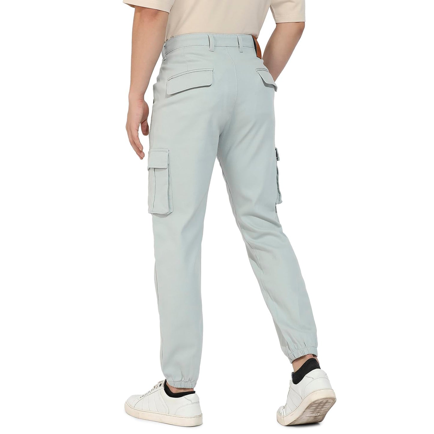 Campus Sutra Mens Sage Green Cuffed Hem Cargo Trousers for Casual Wear | 6 Pockets | Regular Fit | Button Closure | Cotton Poly