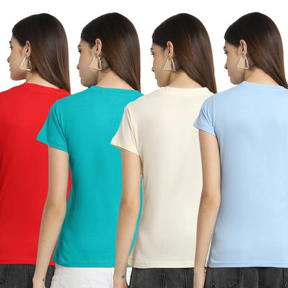 Preneum Womens Cotton Regular Fit Latest Graphic Stylish Printed Short Sleeves Casual T-Shirt || Trendy & Style (Pack 4), Red &