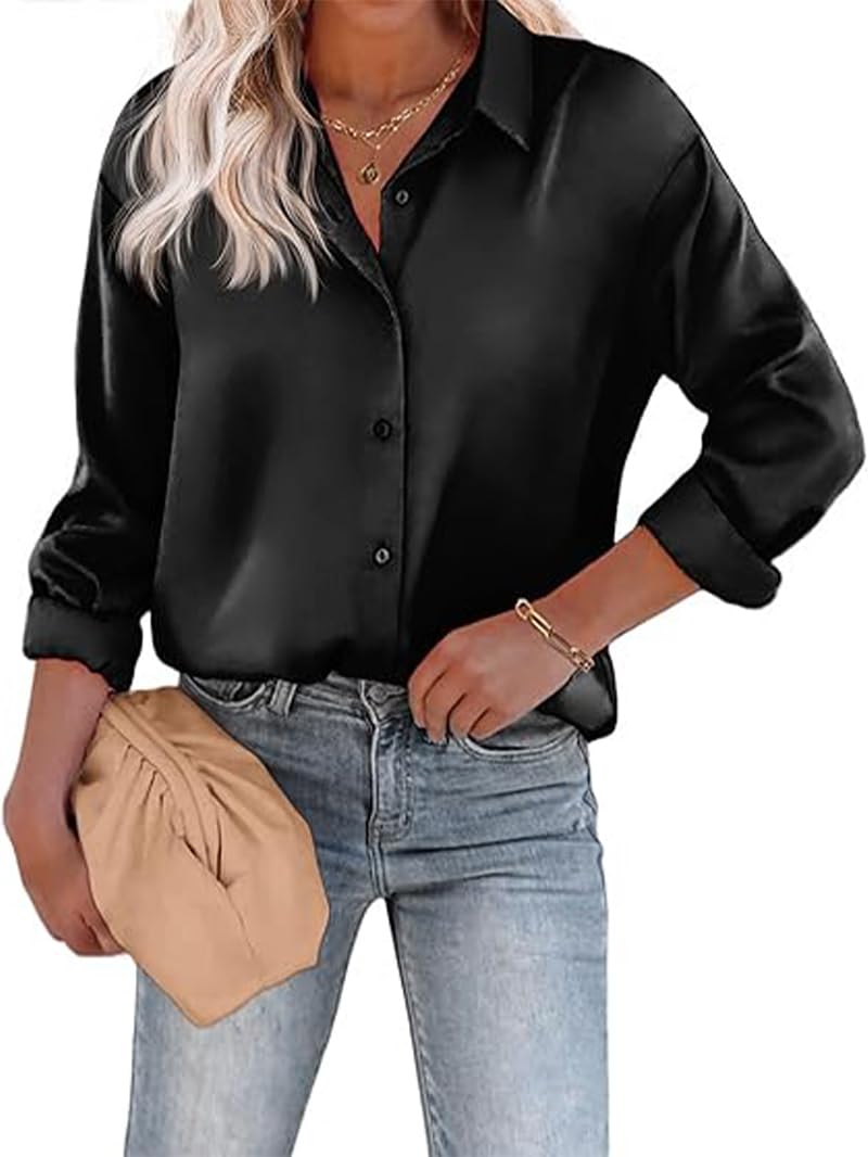 CB-COLEBROOK Womens Blouse Satin Silk Stylish Shirts Button Down Solid Shirts Casual Loose Long Sleeve Office Work Tunic Wester