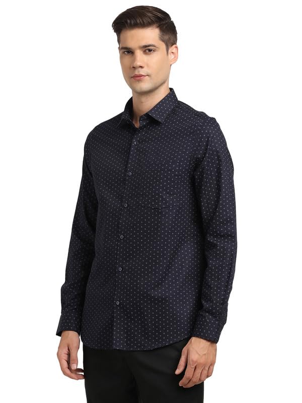 Turtle Men 100% Cotton Slim Fit Navy Blue Print Full Sleeve Formal Shirt