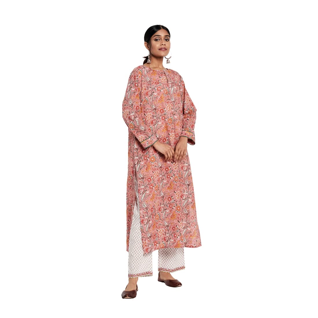 Fabindia Women Printed Slim Fit Long Kurta Cotton_M Pink