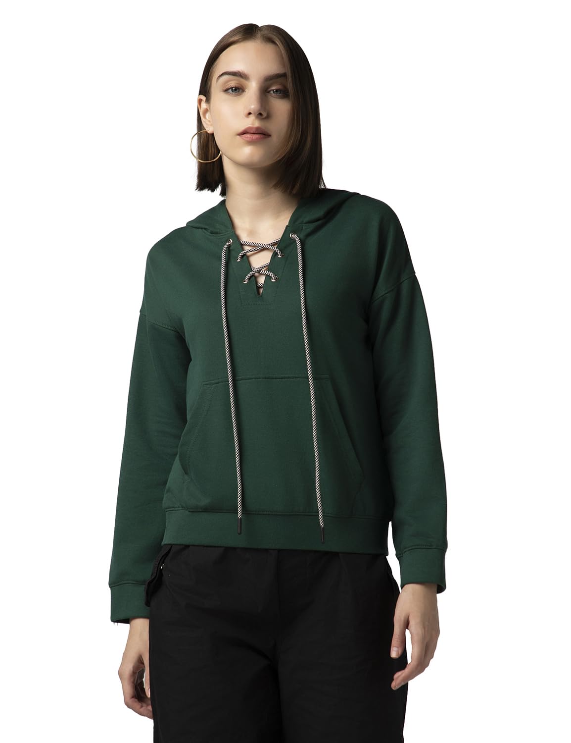 FYLTR Womens Drop Shoulder Hoodie with Lace Up Neck Detailing & Contrast Drawcord