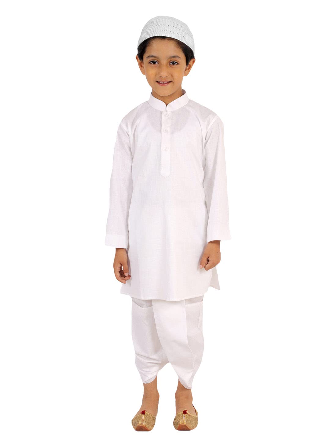 Vastramay Boys White Kurta, Dhoti And Muslim Prayer Cap Set
