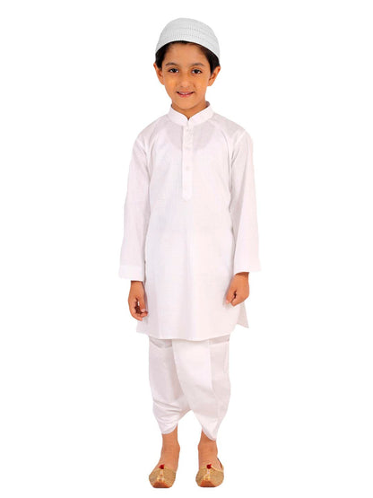 Vastramay Boys White Kurta, Dhoti And Muslim Prayer Cap Set