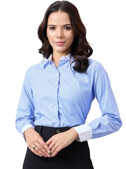 Style Quotient Women Blue and White Stripe Polycotton Regular Fit Colorblock Formal Shirt