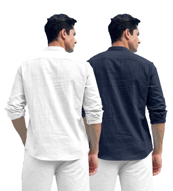 Royalscout Combo Of MenS Solid Cotton Blend Full Sleeve Straight Kurta Shirt (Pack Of 2) White-Navy