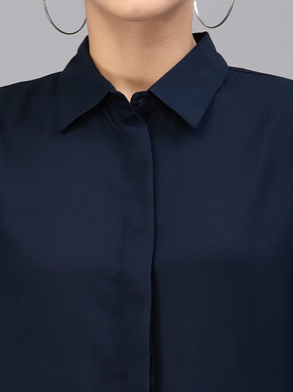 Style Quotient Women Solid Navy Polymoss Regular Formal Shirt