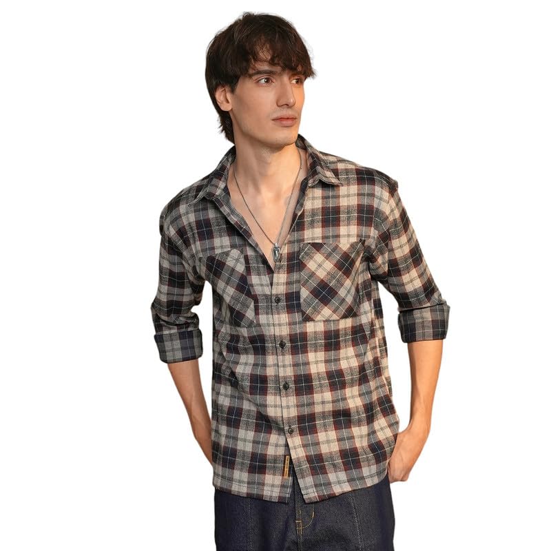 Campus Sutra Mens Navy Blue & Cloud Grey Tartan Plaid Shirt | Casual Wear | Spread Collar | Long Sleeve | Button Closure | Shir