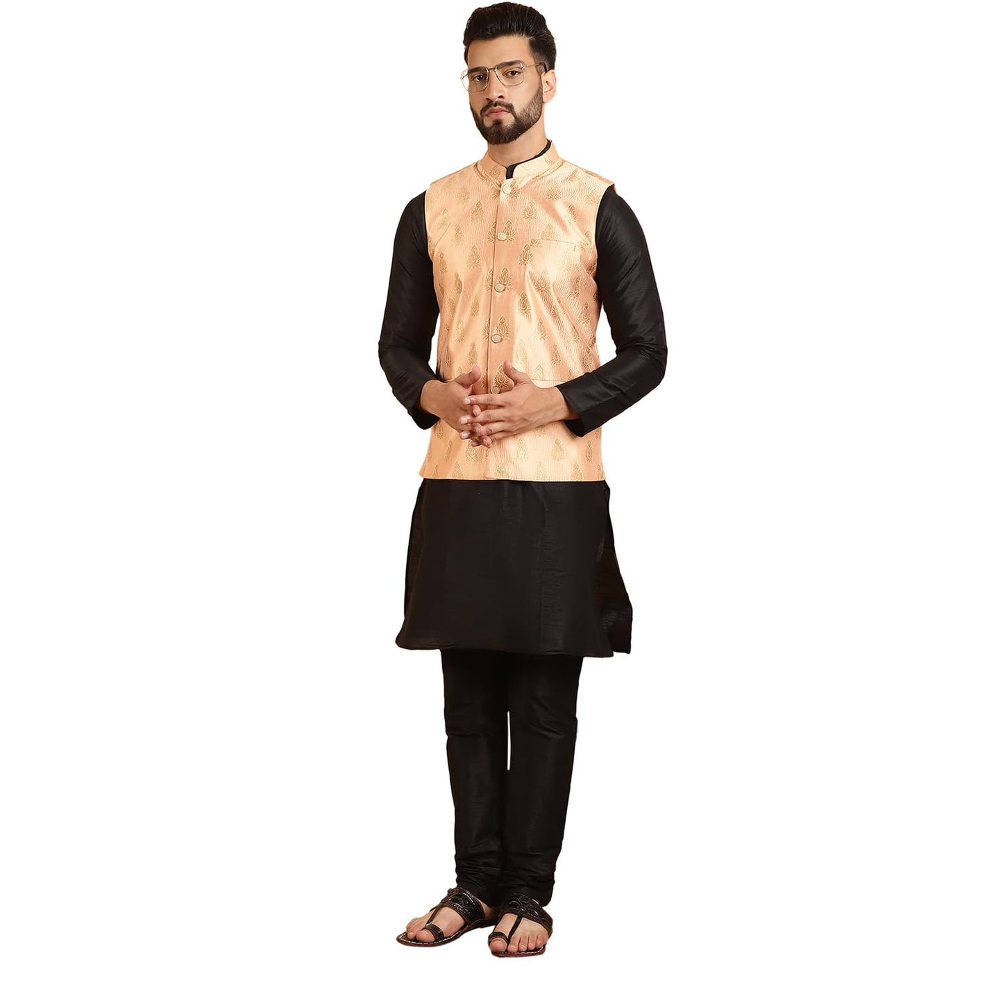 SOJANYA (Since 1958 Men's Silk Blend Black Kurta Pyjama & Peach Self Design Nehru Jacket Combo