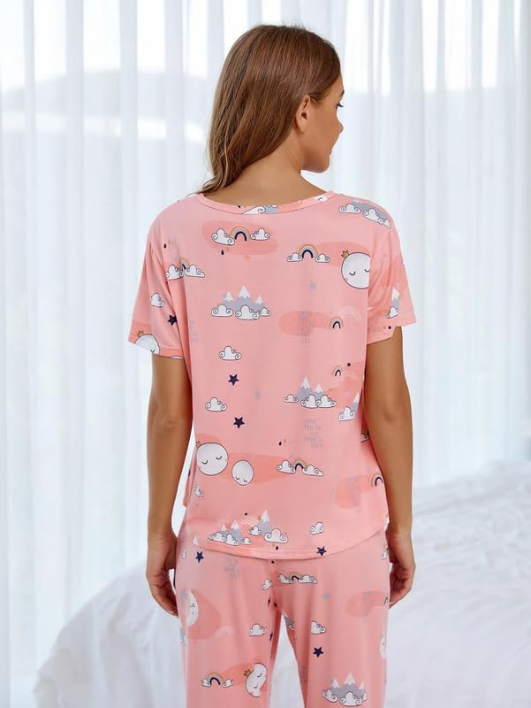 SMOWKLY Womens Cartoon Print Pyjama Set  Round Neck Short Sleeve Top & Pajama | Soft Cotton Blend Night Suit, Nightwear & Lounge