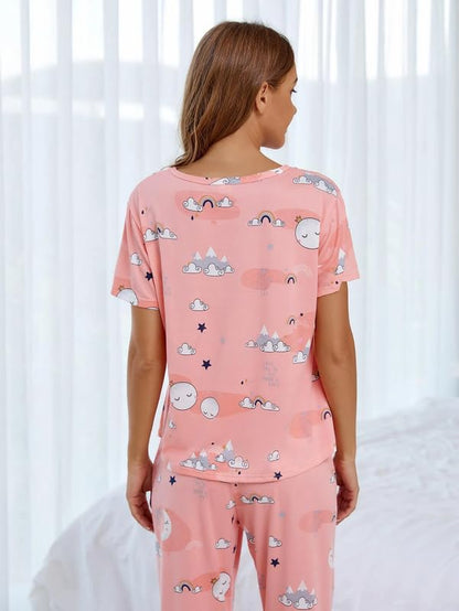 SMOWKLY Womens Cartoon Print Pyjama Set  Round Neck Short Sleeve Top & Pajama | Soft Cotton Blend Night Suit, Nightwear & Lounge