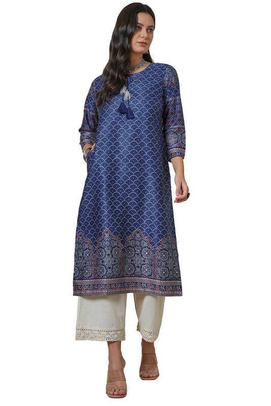 Soch Womens Blue Geometric Print Kurta with Tassels