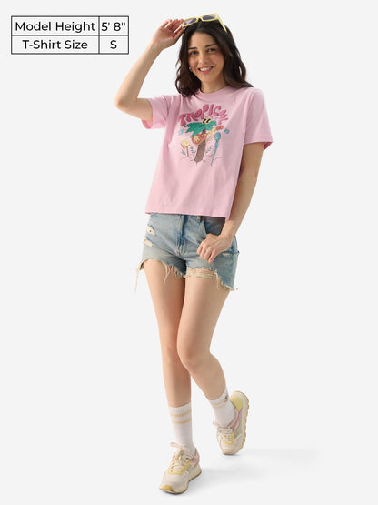 The Souled Store Tropicool Women and Girls Short Sleeve Round Neck Pink Graphic Printed Cotton Regular Fit T-Shirts