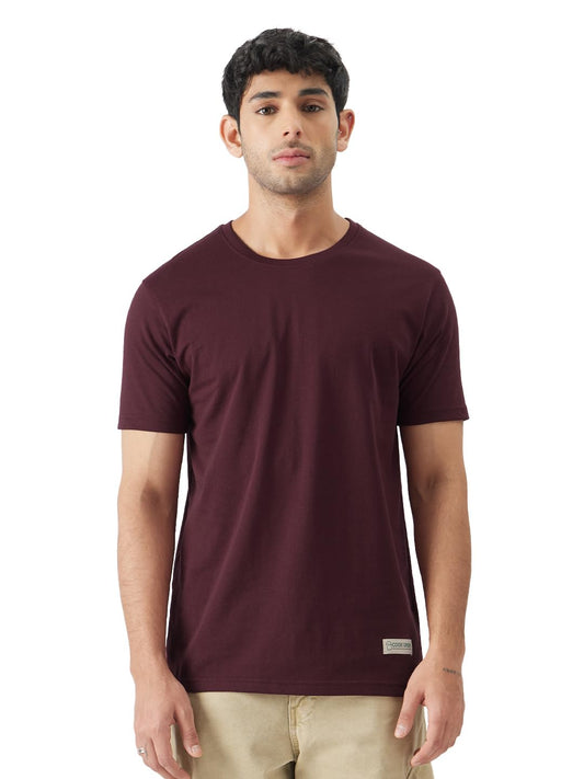The Souled Store Solids: Wine Red Men and Boys Short Sleeve Round Neck Cotton Blend Regular Fit T-Shirts