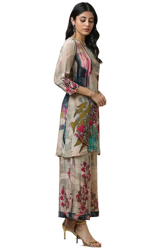 Soch Womens Beige Crepe Abstract Print Co-Ord Set With Beads