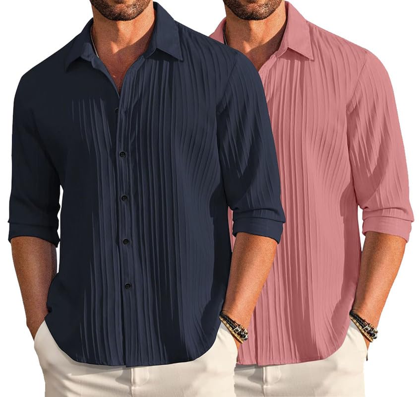 Deelmo Combo Of MenS Casual Button Down Shirts Long Sleeve Linen Shirt Fashion Textured Summer Shirts Pack Of 2