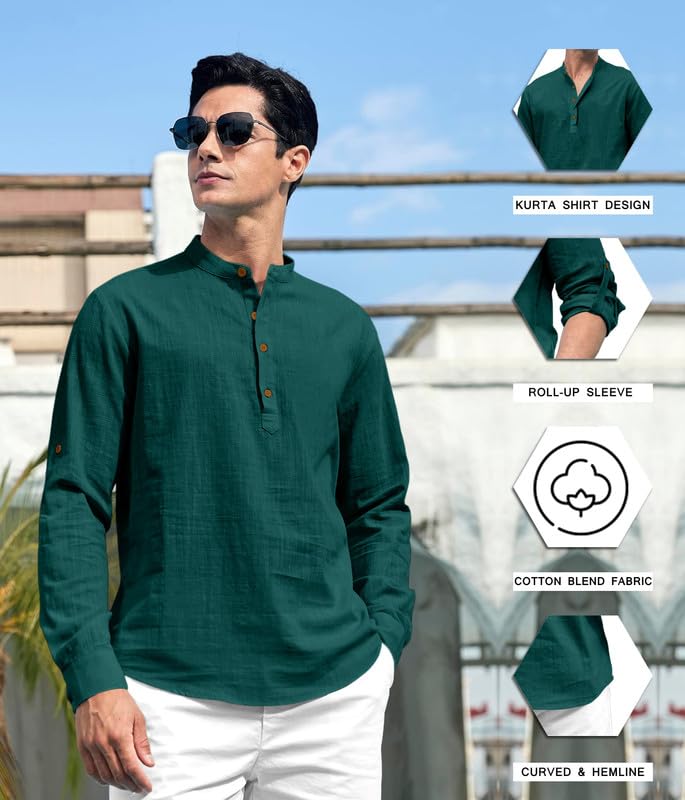 Macsivo MenS Cotton Polyster Blend Solid Short Kurta With Mandarin Collar Full Sleeve Button Closure Curved Hem Regular Fit | S
