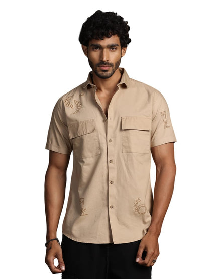 Thomas Scott Short Sleeve Double Pockets Self Printed Casual Shirts for Mens Khaki