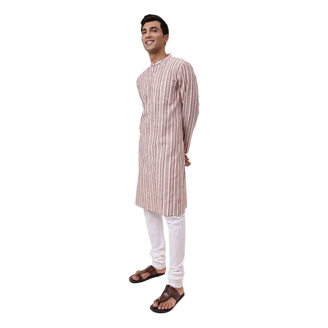 Fabindia MenS Cotton Printed Comfort Fit Kurta (1032008Natural- White-Maroon