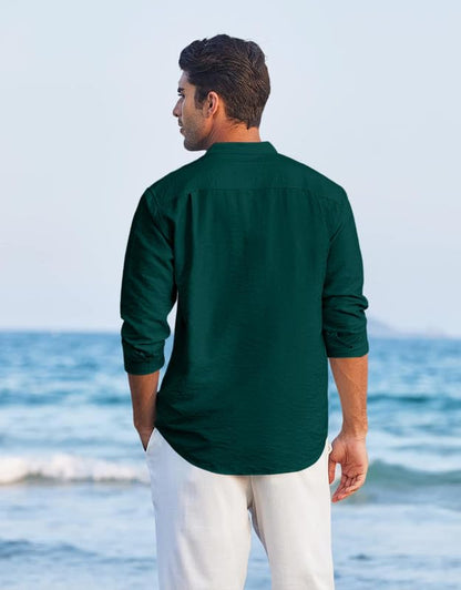 Macsivo Cotton Blend Solid Casual Short Kurta For Men Long Sleeve Mandarin Collar Stylish Shirt Kurta For Men Green