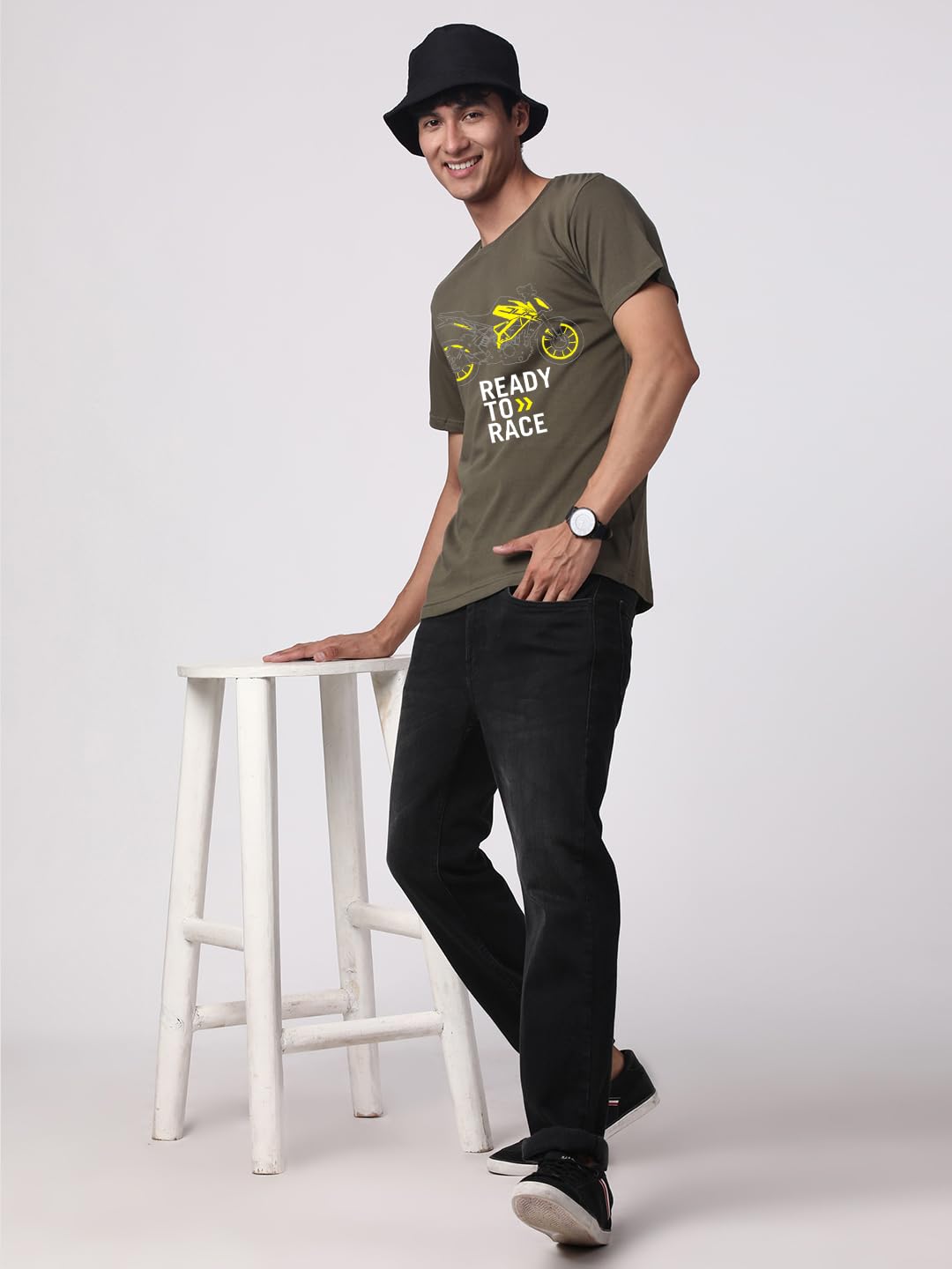 ADRO Men's Biker Design Printed 100% Cotton T-Shirt - Regular Fit, Printed T-Shirts for Men (RN24-KTM-OL_Olive)
