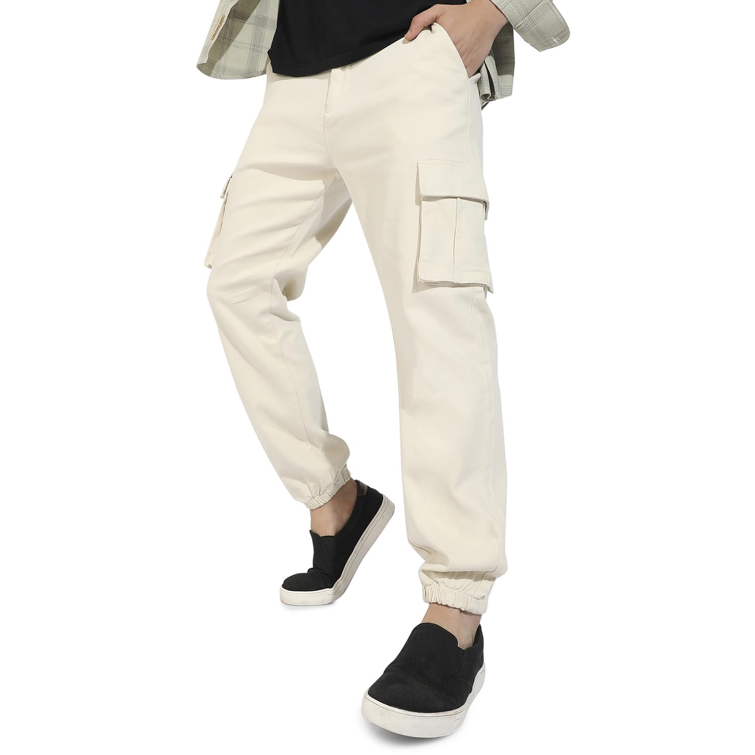 Campus Sutra Mens Pale Yellow Cuffed Hem Cargo Trousers for Casual Wear | 6 Pockets | Regular Fit | Button Closure | Cotton Pol