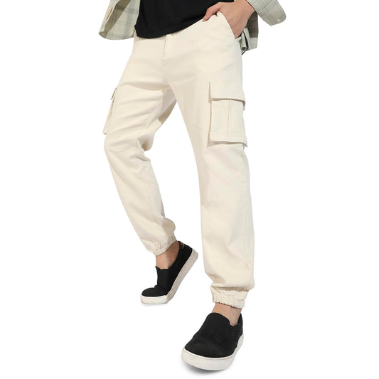 Campus Sutra Mens Pale Yellow Cuffed Hem Cargo Trousers for Casual Wear | 6 Pockets | Regular Fit | Button Closure | Cotton Pol