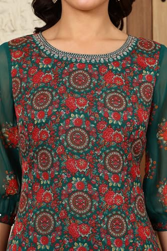 W for Woman Green Floral Printed Dori Embroidered Chiffon Kurta with Attached Lining