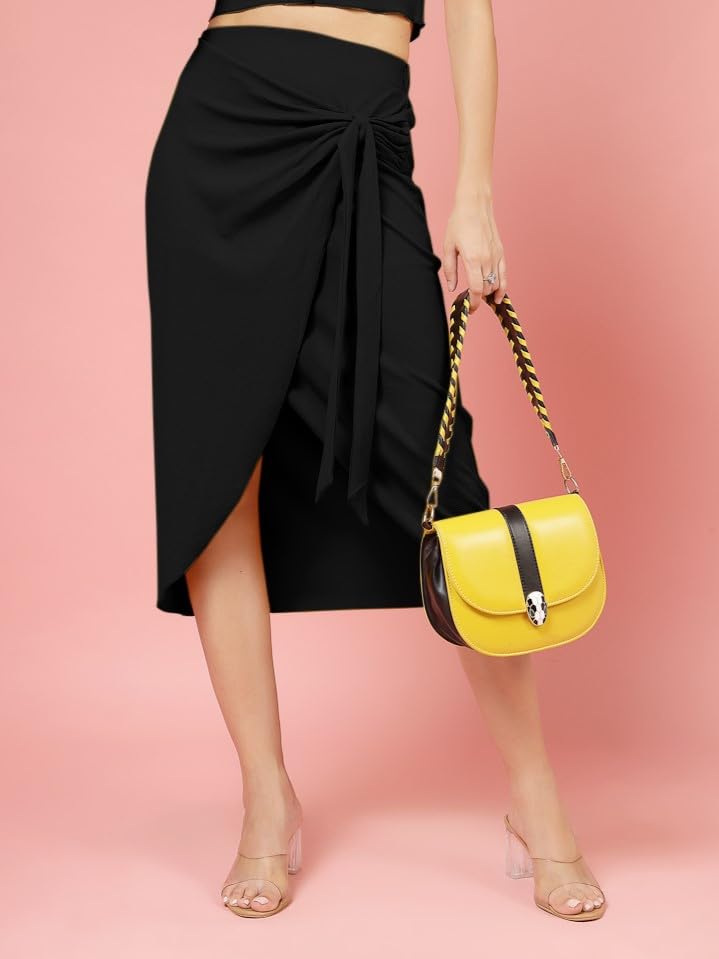 OOMPH! Stertchable Ribbed Wraparound Lycra Skirt for Women Black - msk094