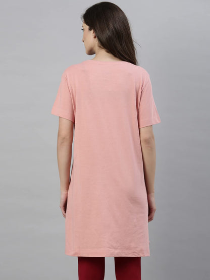 Enamor Essentials Womens Relaxed Fit Short Sleeves Crew Neck Mid-Thigh Length Breathable Pure Cotton Tunic Tee with Side Slit -
