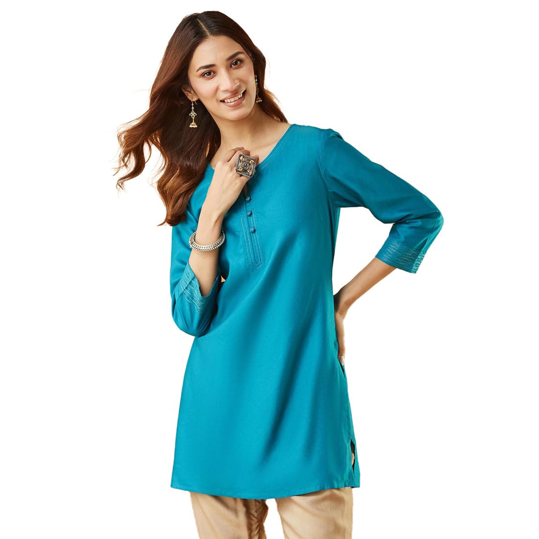 Fabindia Teal Viscose Silk Solid Short Kurta
