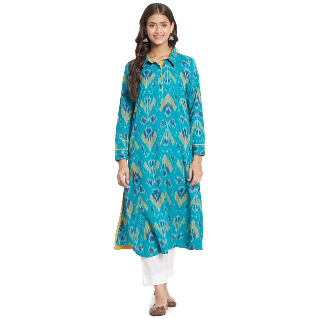 Fabindia Women Woven Cotton Collar Neck Long Kurta Ikat_Blue